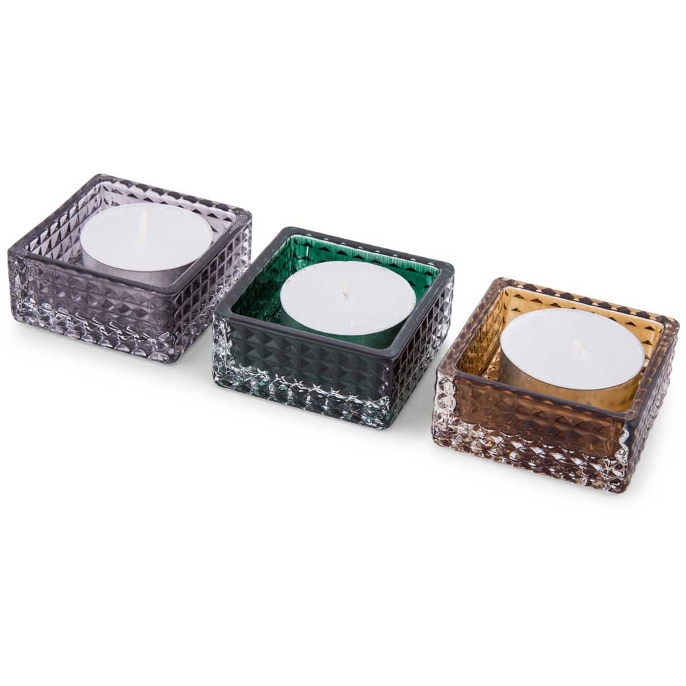Multi Colour Glass Square Tealight Candle Holder (set Of 3)