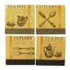 Square Teapot & Cutlery Print Coasters With Cork Backing