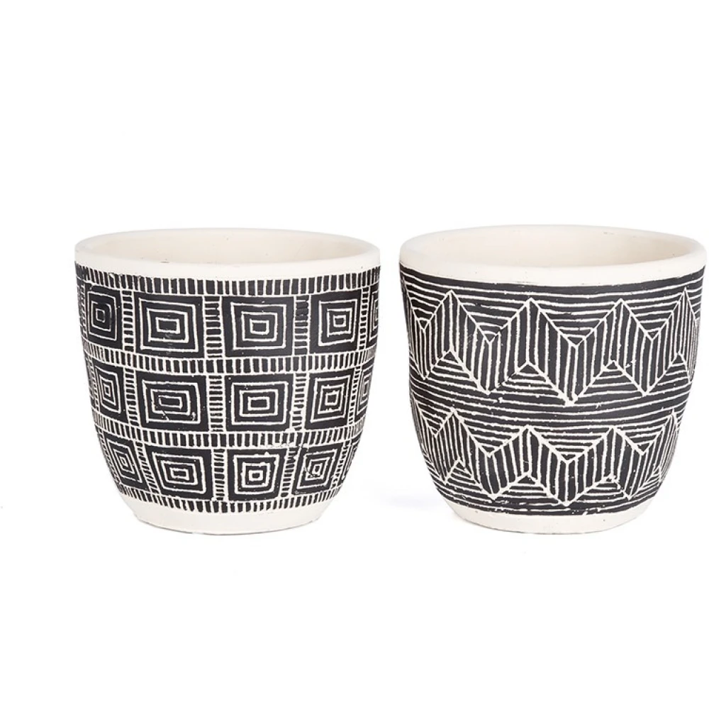 Cream & Black Terracotta Pot Planters – Set of 2