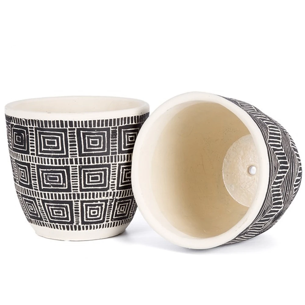 Cream & Black Terracotta Pot Planters – Set of 2