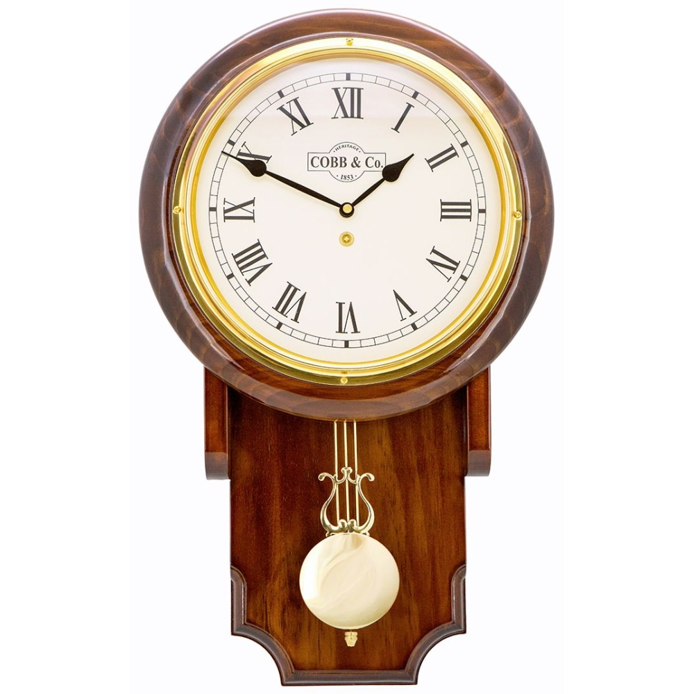 Cobb & Co. Pendulum Chime Wooden Wall Clock – Glossy Walnut Roman 55cm