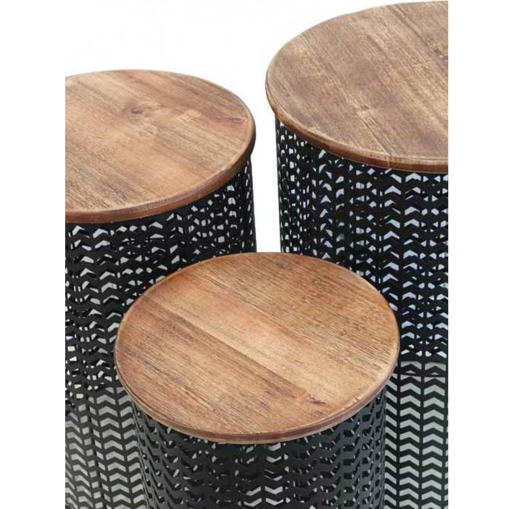Nested Black Timber Top Chevron Side Tables – Set Of 3