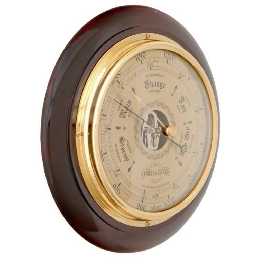 Cobb & Co. Round Wooden Barometer – Glossy Mahogany 28cm