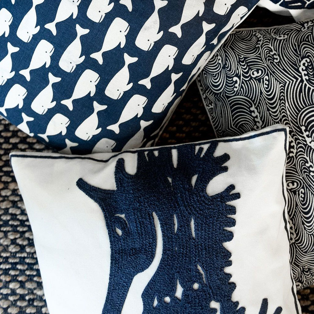 White & Blue Seahorse Embroidered Cushion 45cm X 45cm