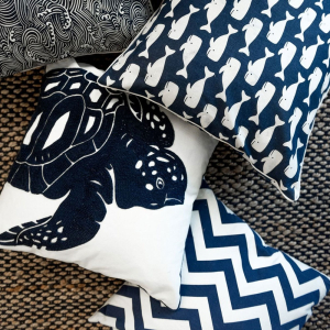 White & Blue Turtle Embroidered Cushion 45cm X 45cm