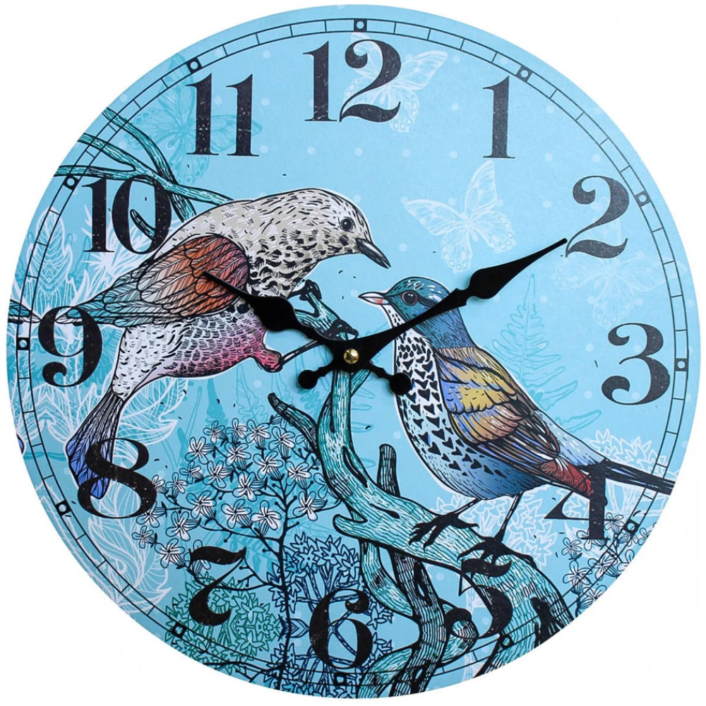 Round 34cm Blue Twin Birds Wall Clock
