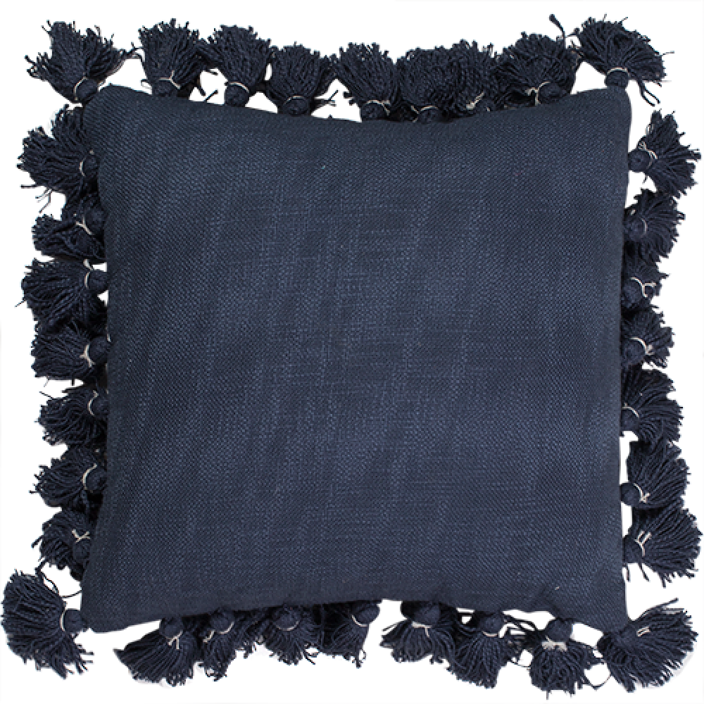 Blue Cotton Slub Tassle Cushion 45x45cm