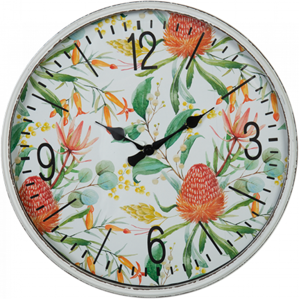 Round 40cm Floral Glass Front Metal Wall Clock