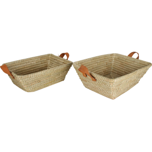 Rectangular Palm Leaf Storage Basket With Leather Handle – Set Of 2