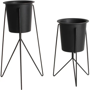 Set Of 2 Metal Pot Planters With Stand Black 19cm