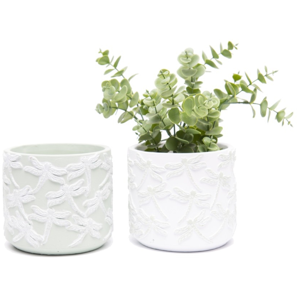 Embossed Dragonfly Cement Pot Planters – Set Of 2