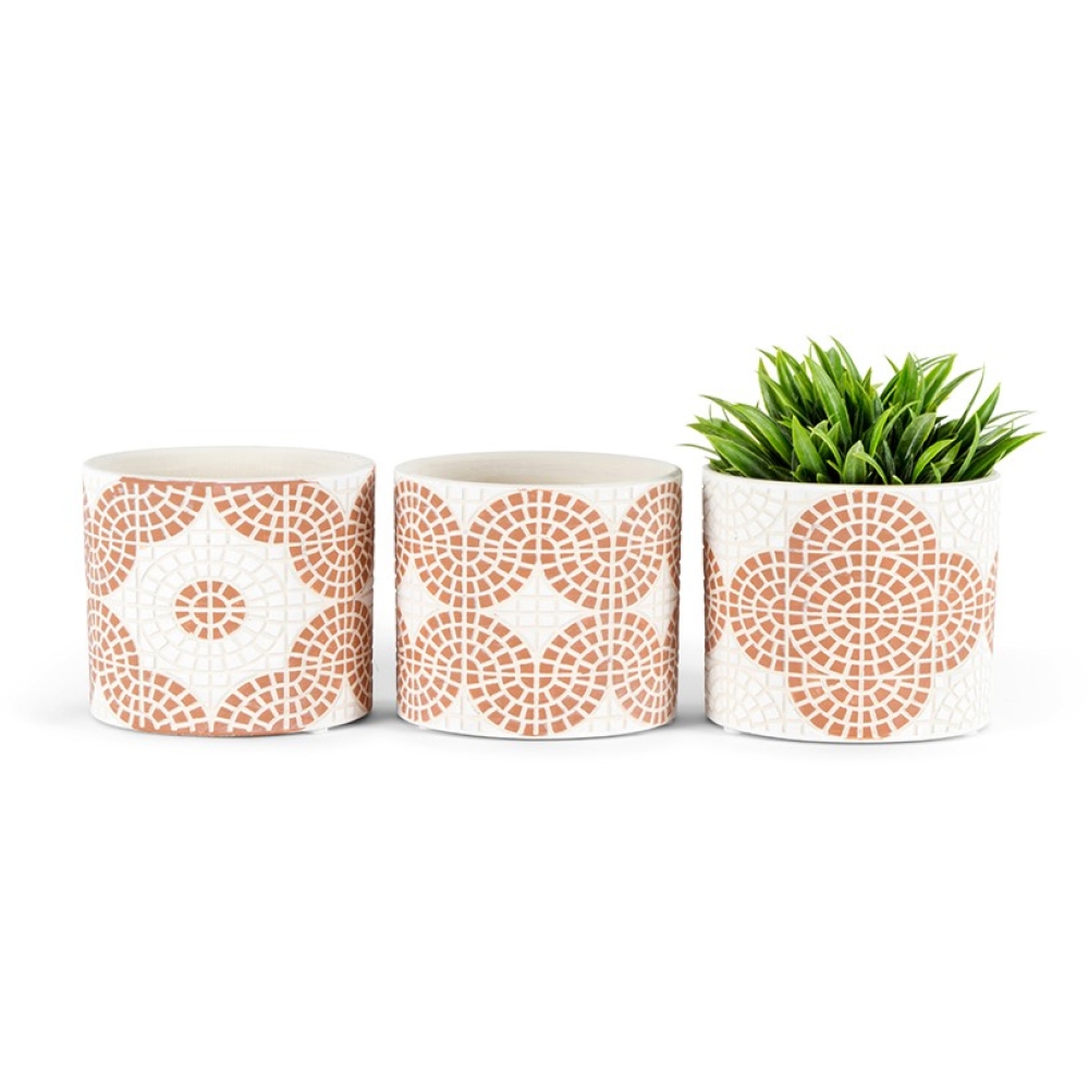 White & Coral Terracotta brick Pattern Pot Planters – Set of 3