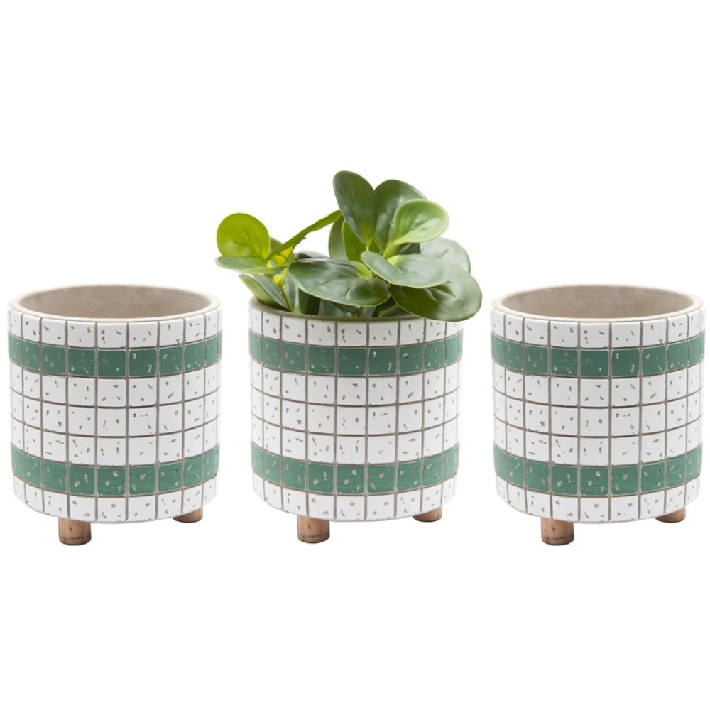 White & Green Cement Pot Planters With Legs – Set Of 3