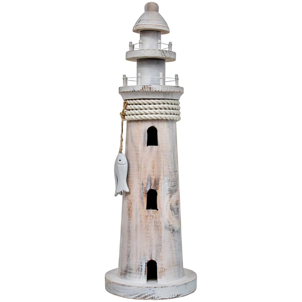 Whitewash Wooden Nautical Lighthouse Decor – 39cm