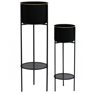 Round Black & Gold Tall Planters With Display Stand