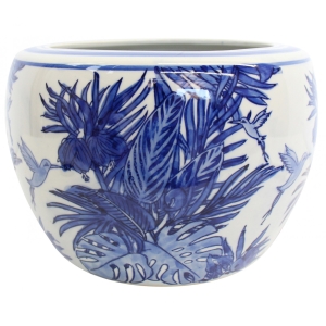 White & Blue Tropical Porcelain Pot Planter – Large