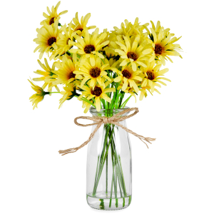 Artificial Yellow Chrysanthemum Flower In Glass Vase 25cm