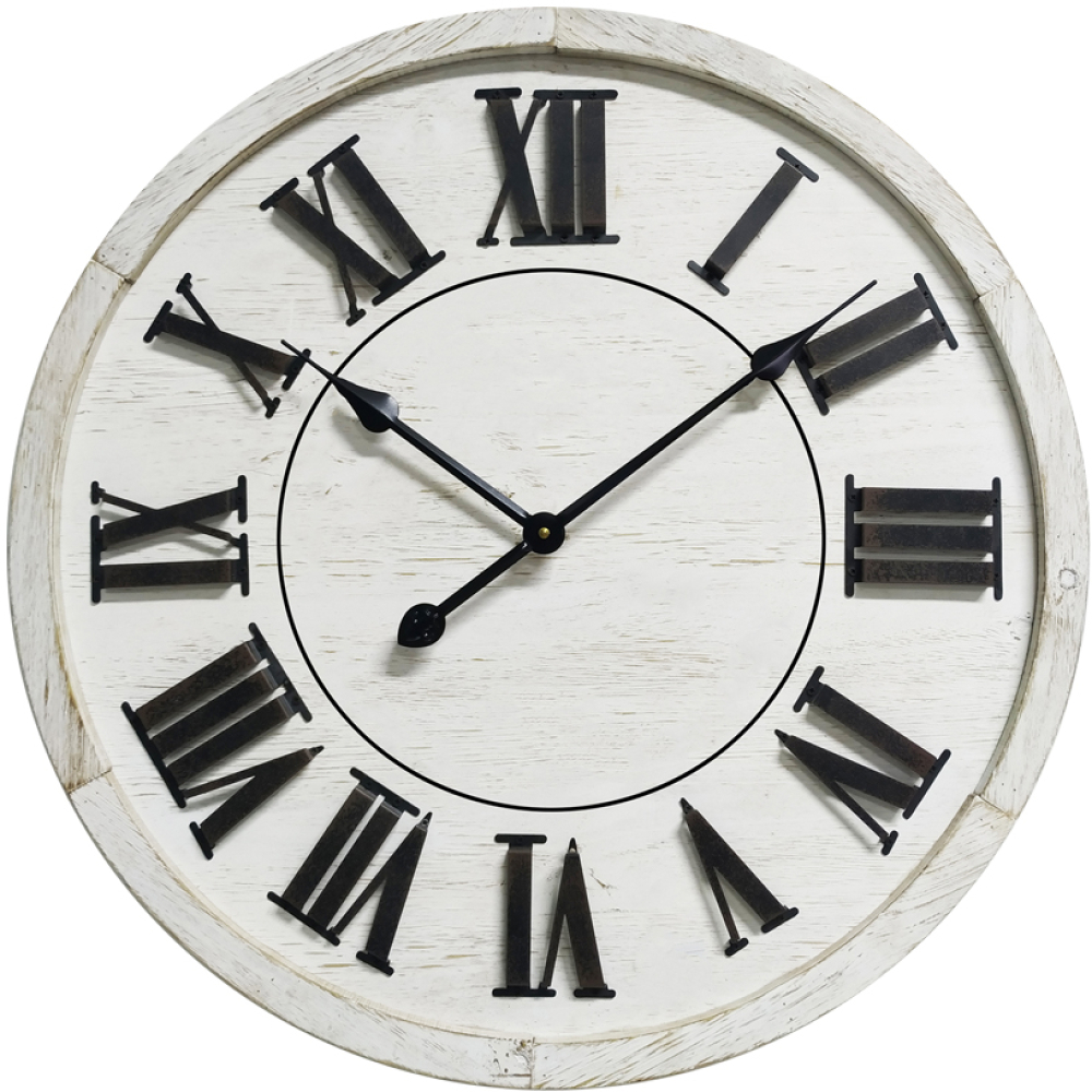 Round 60cm Black & White Roman Numerals Wooden Wall Clock
