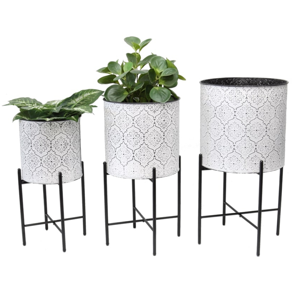 Nested White & Grey Moroccan Pot Planters With Stand – Set Of 3