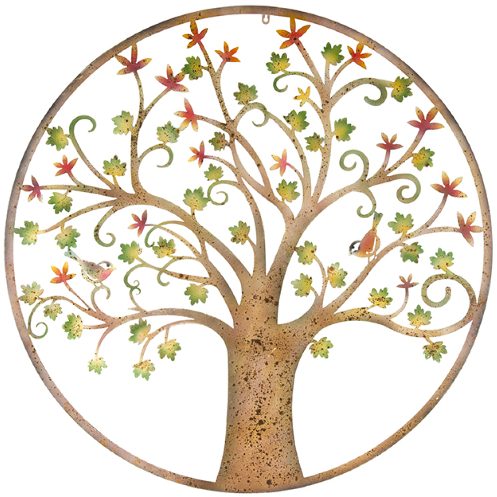Round Laser-cut Tree Of Life With Colourful Birds Metal Wall Decor