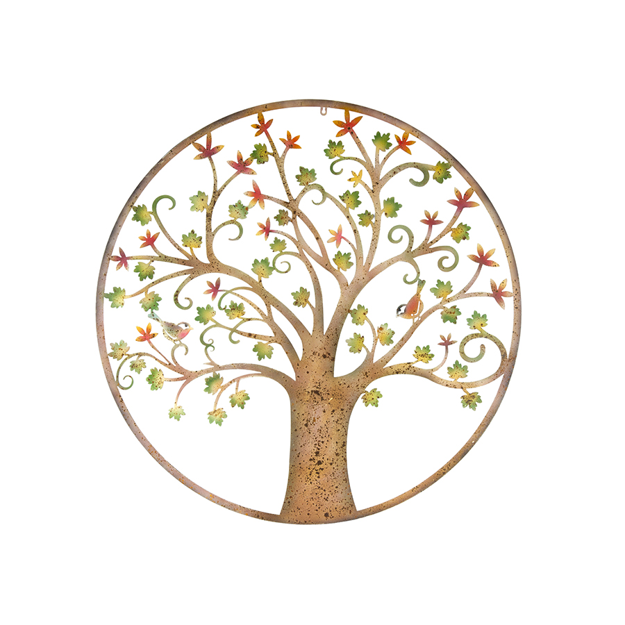 Round Laser Cut Tree Of Life With Colourful Birds Metal Wall Decor