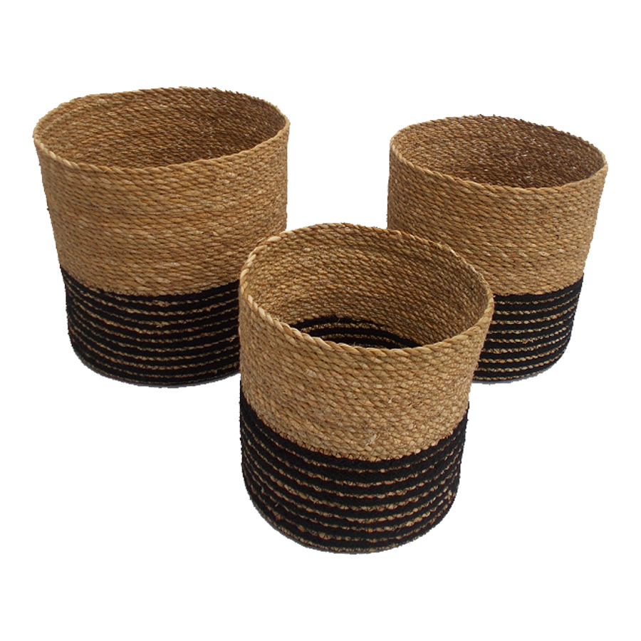 Nested Natural & Black Seagrass Baskets  Set of 3