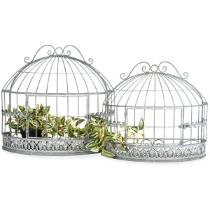 Distressed Grey Cage Pattern Metal Wall Planters – Set Of 2