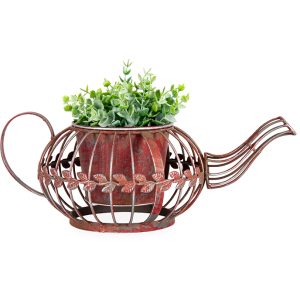 Antique Red Teapot Pattern Metal Pot Planter