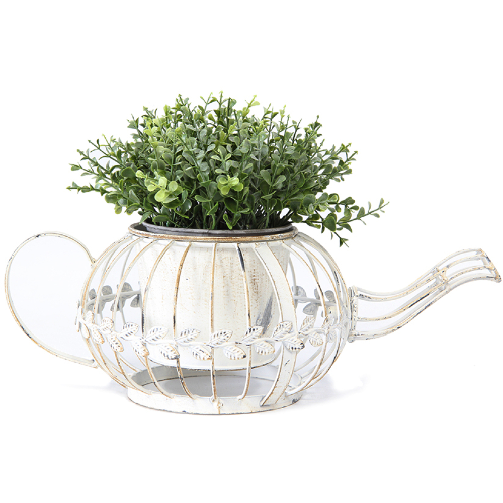 Antique White Teapot Pattern Metal Pot Planter