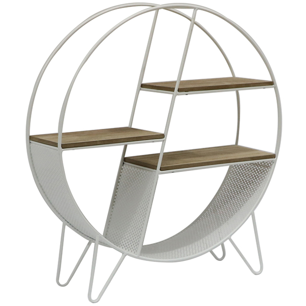 Round Contemporary White Metal & Timber Floor Shelf