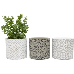White & Grey Terracotta Geometric Pattern Pot Planters – Set Of 3