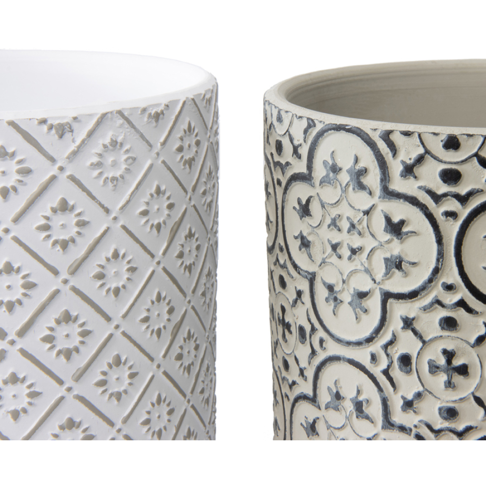 White & Grey Terracotta Geometric Pattern Pot Planters – Set Of 3