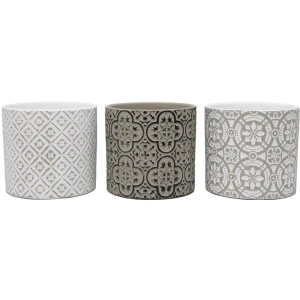 White & Grey Terracotta Geometric Pattern Pot Planters – Set Of 3