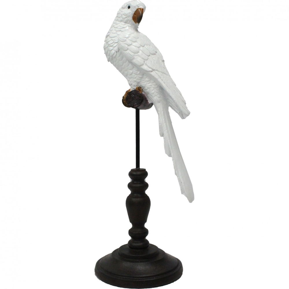 White Resin Parrot On Stand Decor 40cm