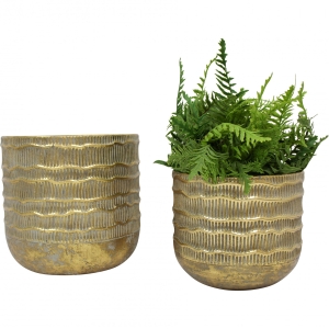 Antique Gold Wave Pattern Metal Wall Planters – Set Of 2