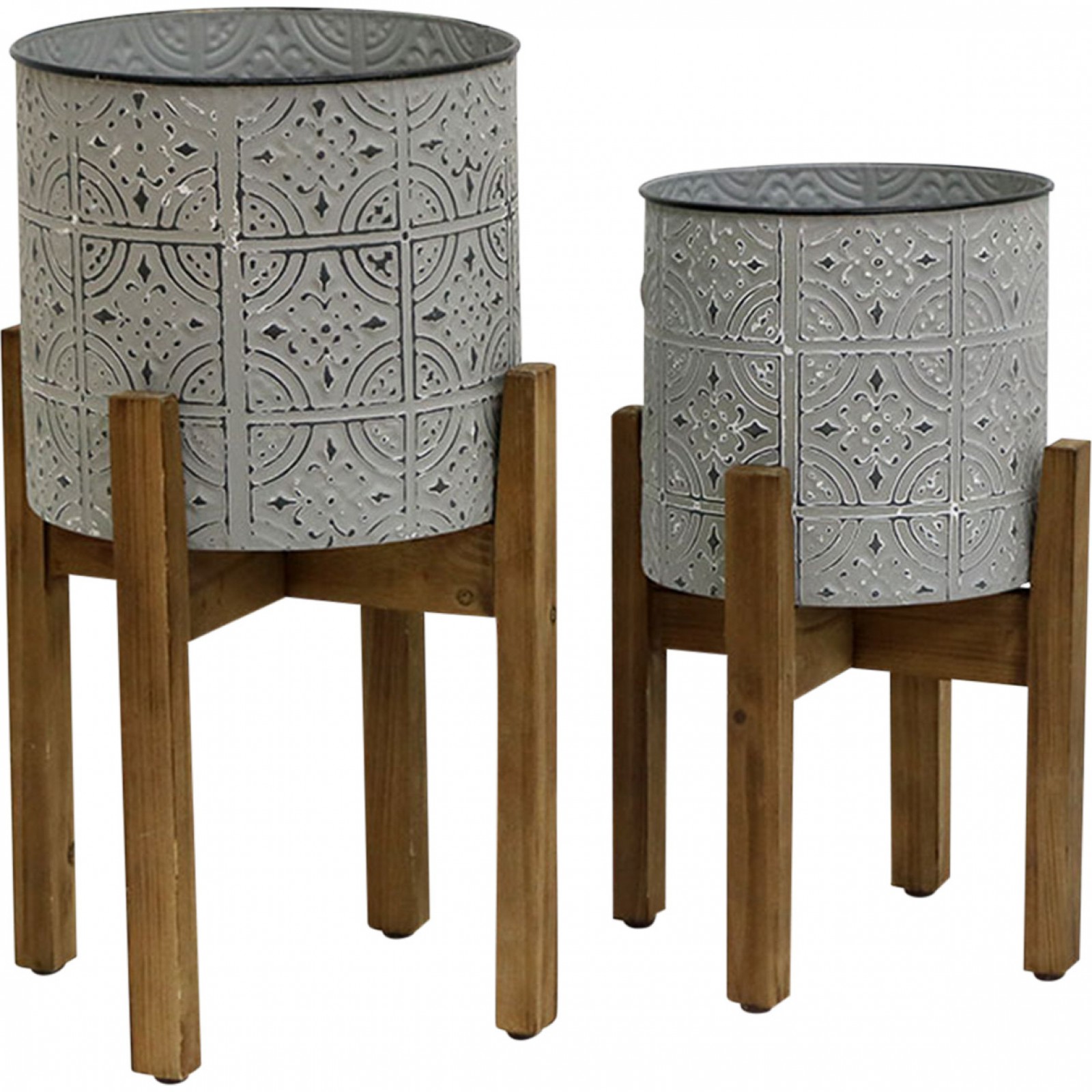 Grey Ornate Planters With Wooden Stand Set of 2