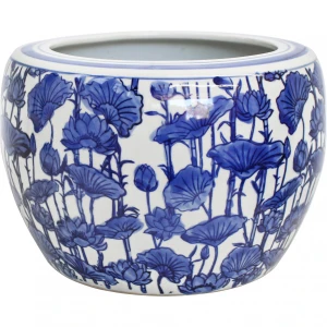 White & Blue Water Lily Porcelain Pot Planter – Large