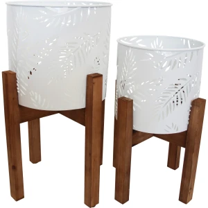 White Leaves Cutout Planters With Wooden Stand – Set Of 2