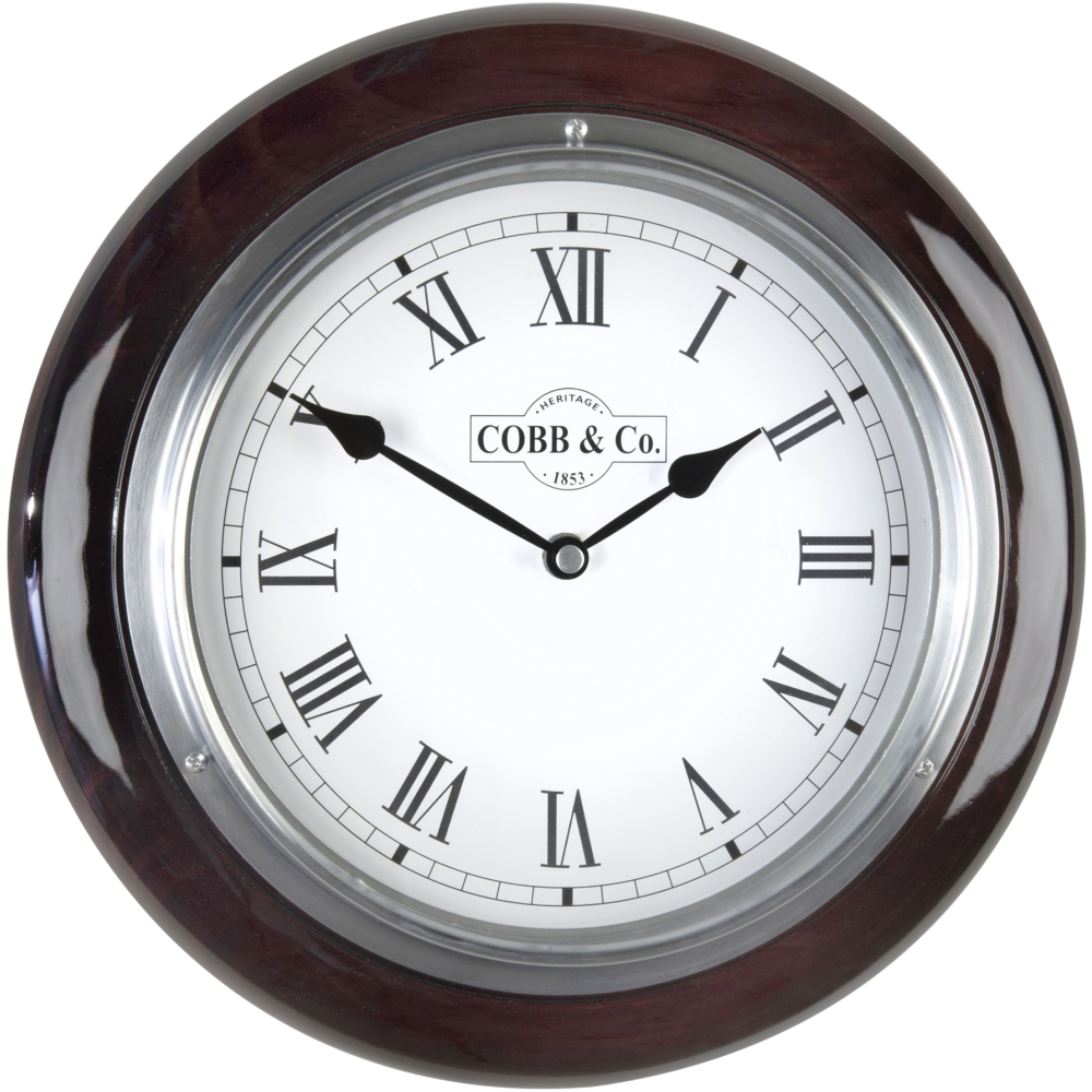 Cobb & Co. Railway Wooden Wall Clock – Glossy Mahogany Roman Chrome 28cm