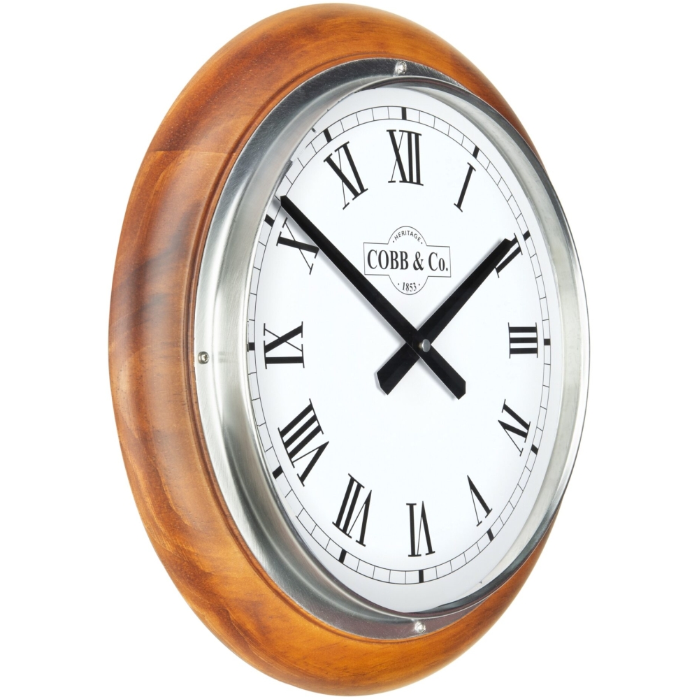Cobb & Co. Railway Wooden Wall Clock – Satin Oak Roman Chrome 40cm