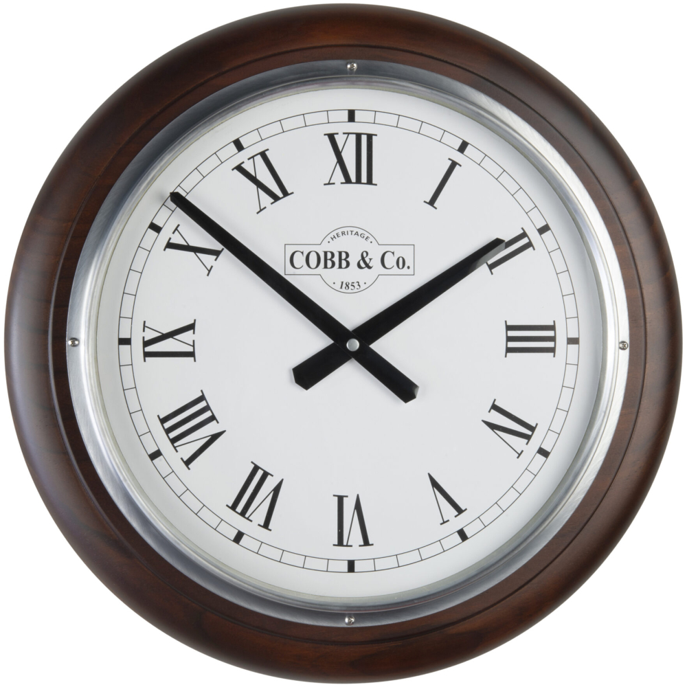Cobb & Co. Railway Wooden Wall Clock – Satin Walnut Roman Chrome 40cm