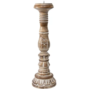 Tall Hand Carved Wooden Pillar Candle Holder – Design 1