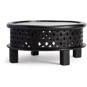Round 75cm Footed Mangowood Carved Coffee Table Black
