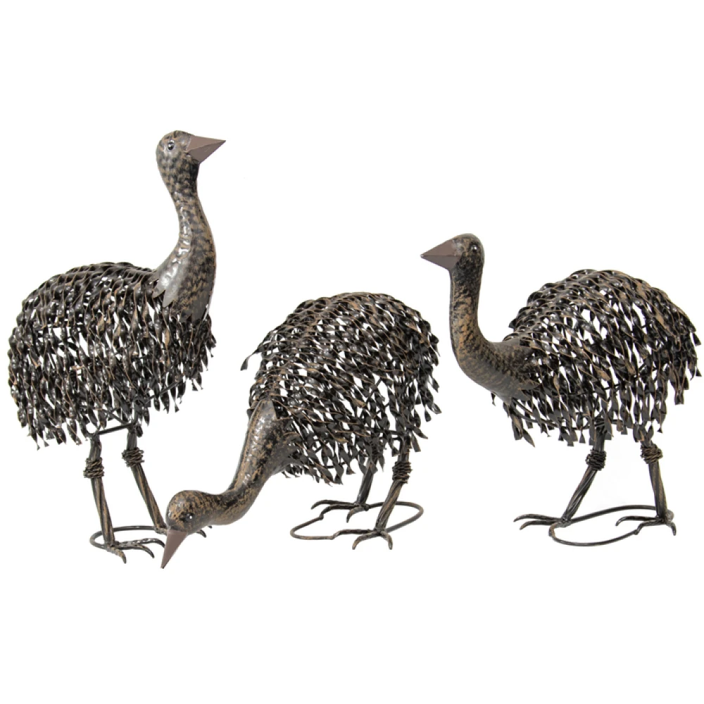 Rustic Black Assorted Emu Birds Metal Garden Sculpture Set Of 3